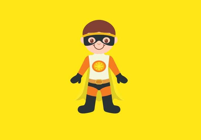 Cartoon superhero on bright yellow background