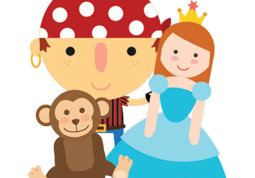 Pirate, princess, and monkey cartoon characters